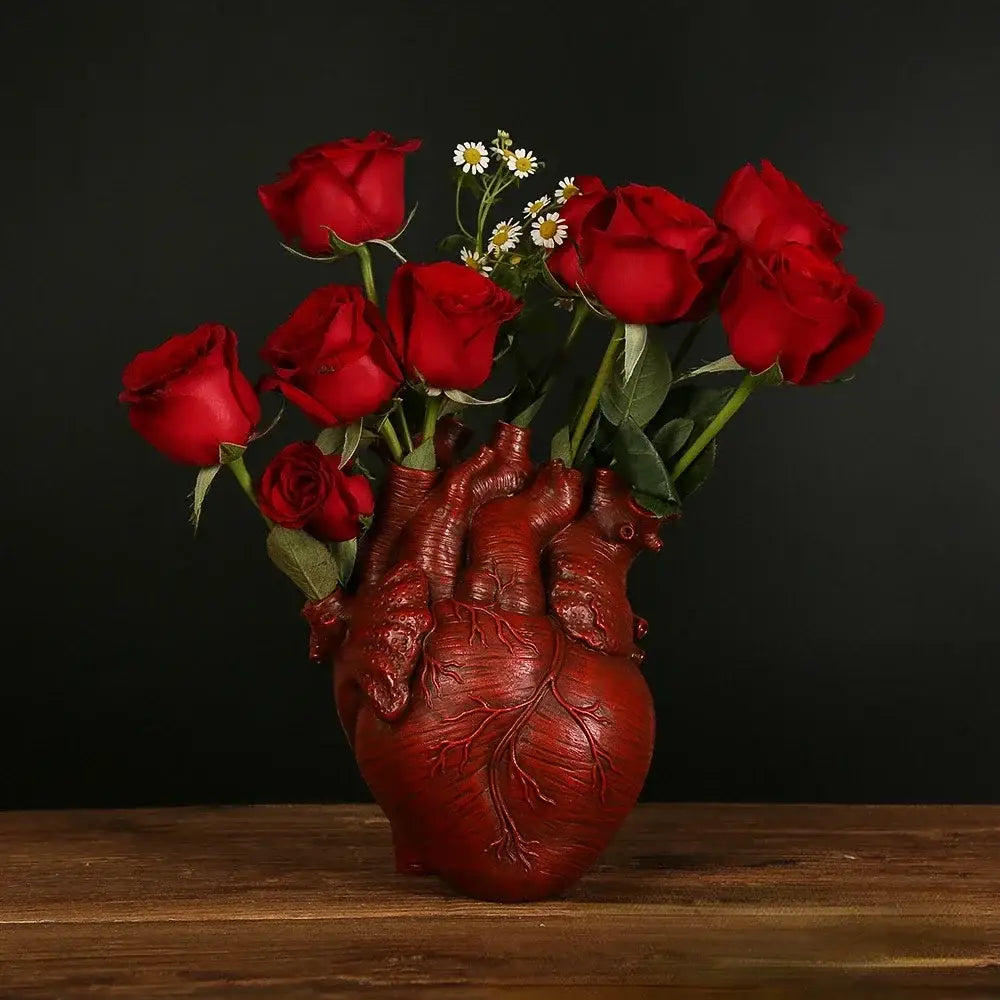 Red anatomy heart vase with vibrant red roses and white daisies by DecorBites unique heart vase dry pot gift