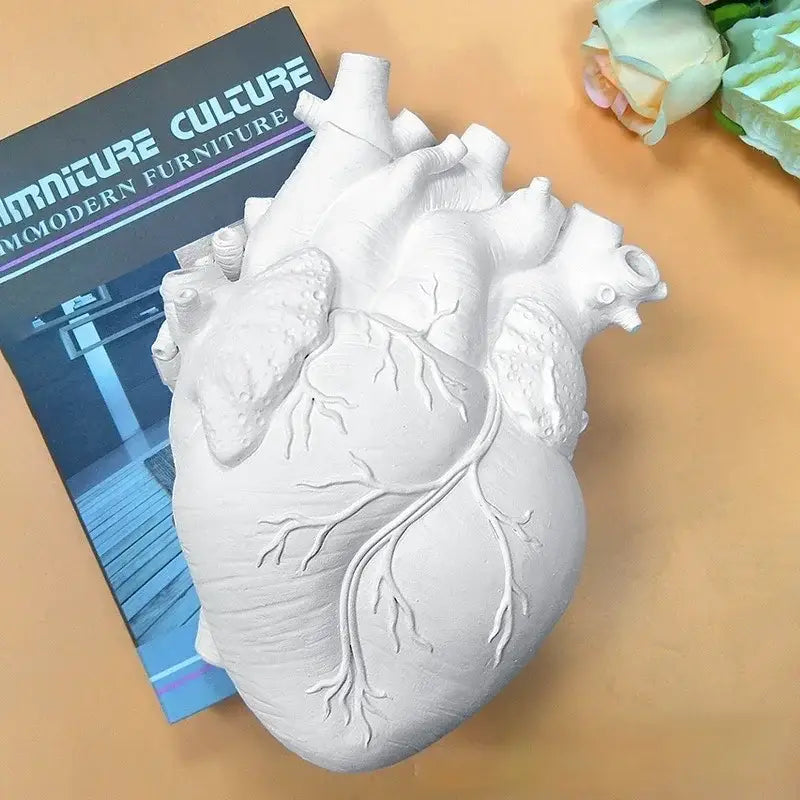 White ceramic anatomy heart vase with detailed vein and artery patterns by DecorBites™ ideal as a dry pot gift