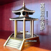 Ancient pavilion bronze brass incense burner with intricate pagoda design and detailed roof for living room decor