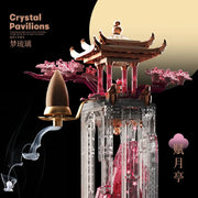 Ancient style pink dream glass fu yue pavilion ornament made of translucent plastic bricks with gold detailing