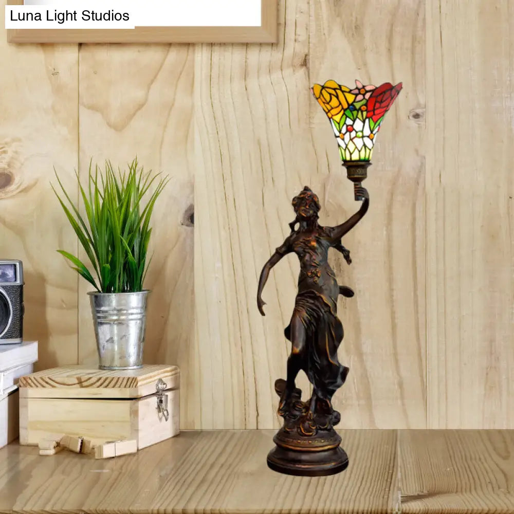 Lámpara de mesa de centro Andrea - Tiffany con pantalla acampanada y vitral, estilo Tiffany, de una cabeza, con base de ángel.