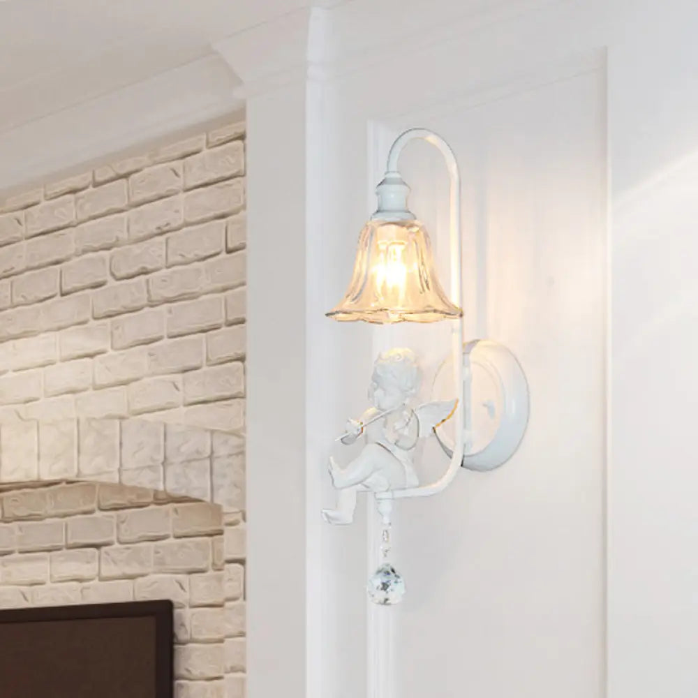 Aplique de pared Angel Cream, lámpara decorativa de resina de una cabeza, pantalla de cristal con forma de flor y esfera de cristal.