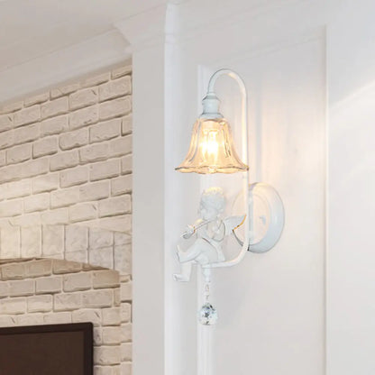Aplique de pared Angel Cream, lámpara decorativa de resina de una cabeza, pantalla de cristal con forma de flor y esfera de cristal.