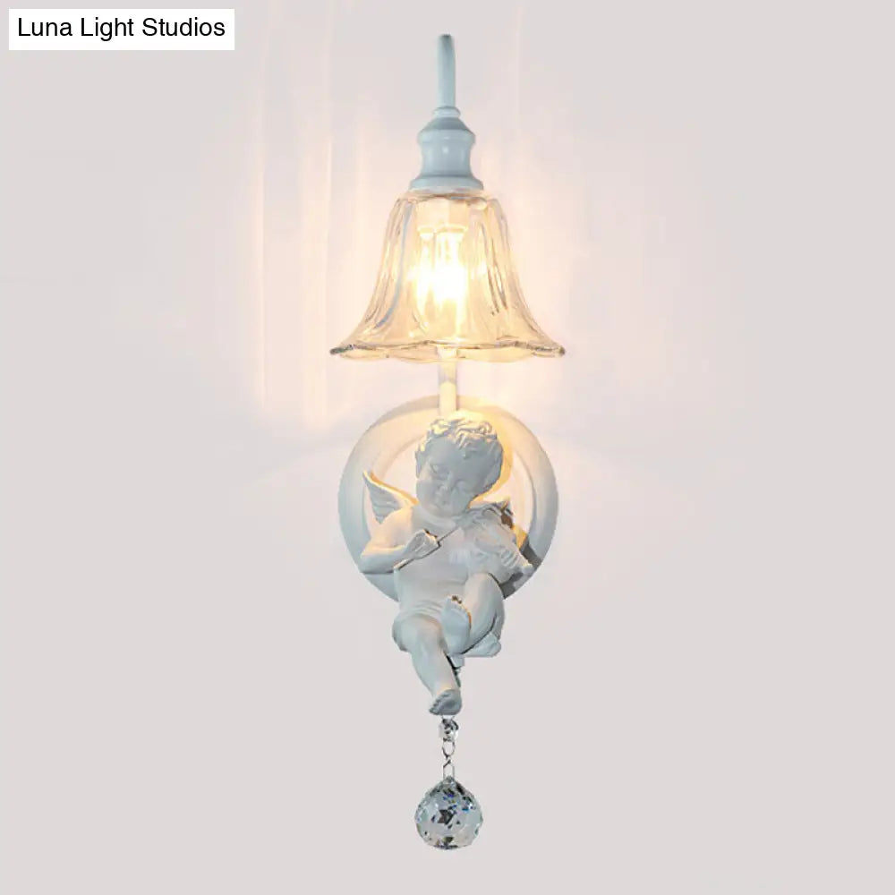 Aplique de pared Angel Cream, lámpara decorativa de resina de una cabeza, pantalla de cristal con forma de flor y esfera de cristal.