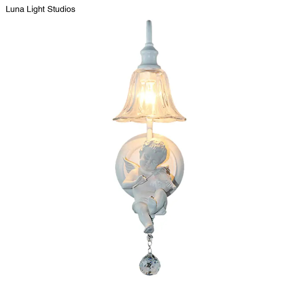 Aplique de pared Angel Cream, lámpara decorativa de resina de una cabeza, pantalla de cristal con forma de flor y esfera de cristal.