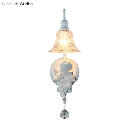 Aplique de pared Angel Cream, lámpara decorativa de resina de una cabeza, pantalla de cristal con forma de flor y esfera de cristal.