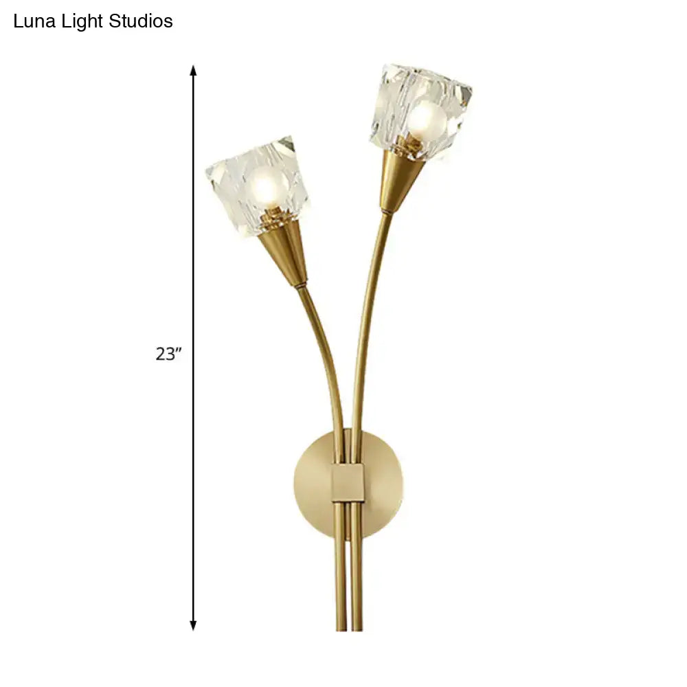 Gold-toned e12 wall sconce with two crystal-cut glass shades and curved arms for angel with umbrella forest wall art bedroom decor