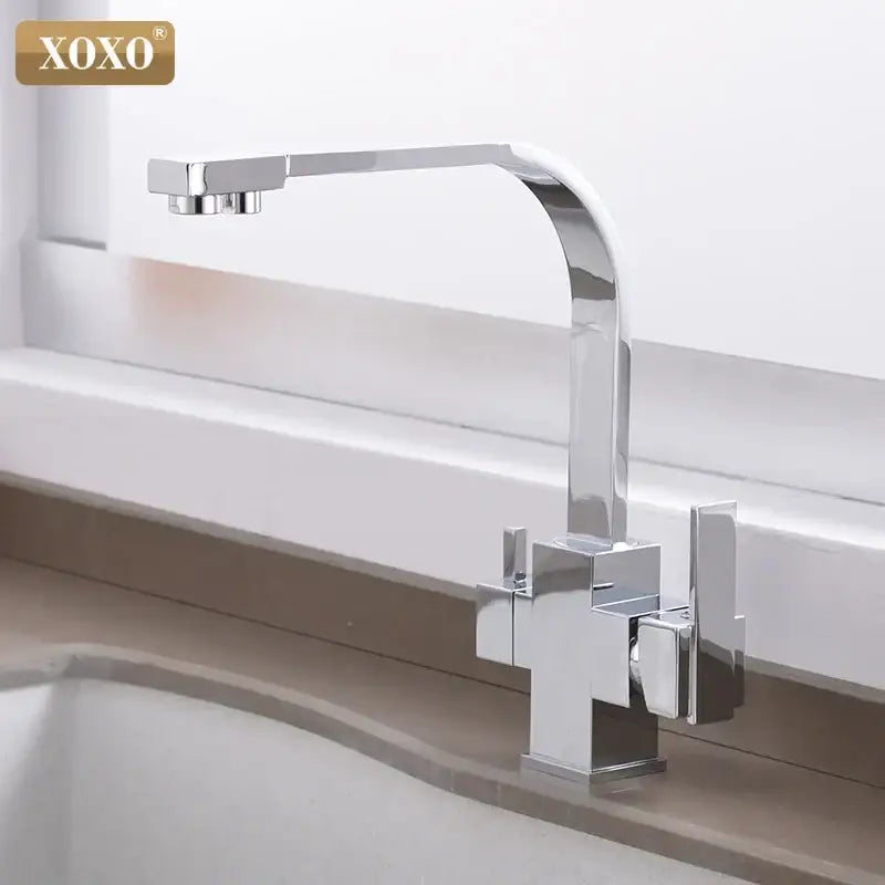 Chrome finished xoxo brand kitchen faucet with angular geometric design and curved spout for black single hole setup