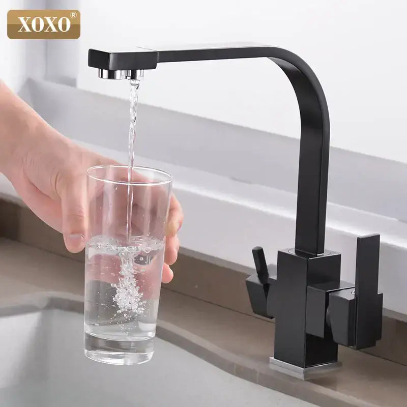 Black single hole matte finish xoxo brand kitchen faucet with angular design and dual handles for drinking water