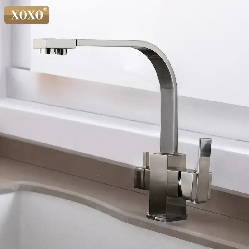 Modern brushed stainless steel single hole kitchen faucet with sleek angular design and dual handles for decorbites black single use