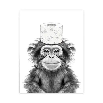 Decorbites™ animal bathroom wall art print with black-and-white baby chimpanzee balancing floral toilet paper roll