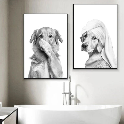 Animal Bathroom Wall Art Print - Funny Cat Giraffe Elephant Dog