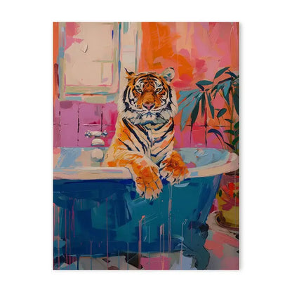 DecorBites™ animal canvas art featuring a vibrant orange and black striped tiger lounging in a blue bathtub