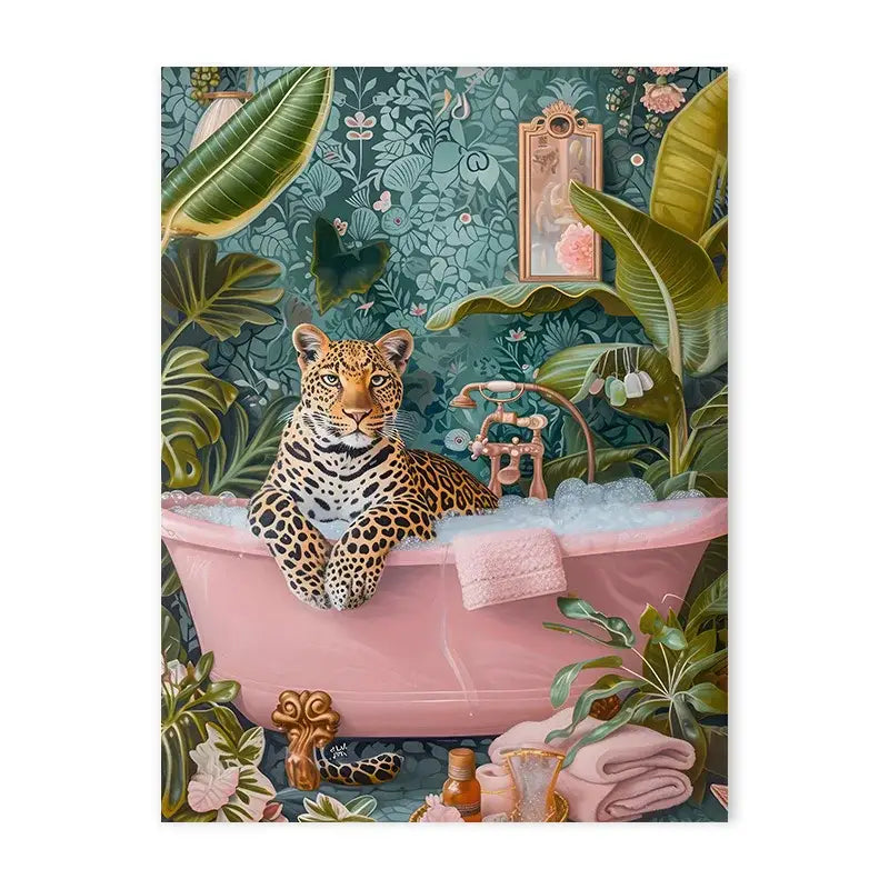 A leopard with golden eyes lounges in a pink clawfoot tub in a decorbites™ animal canvas painting for bathroom wall art