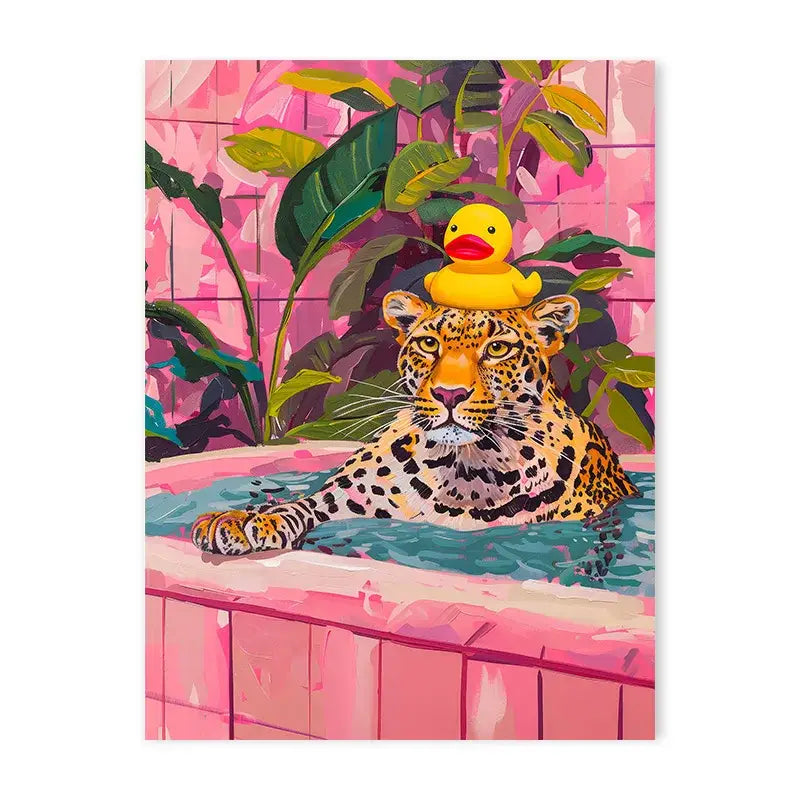 Decorbites™ animal canvas painting of a pink bathtub featuring a leopard in turquoise water with a yellow rubber duck