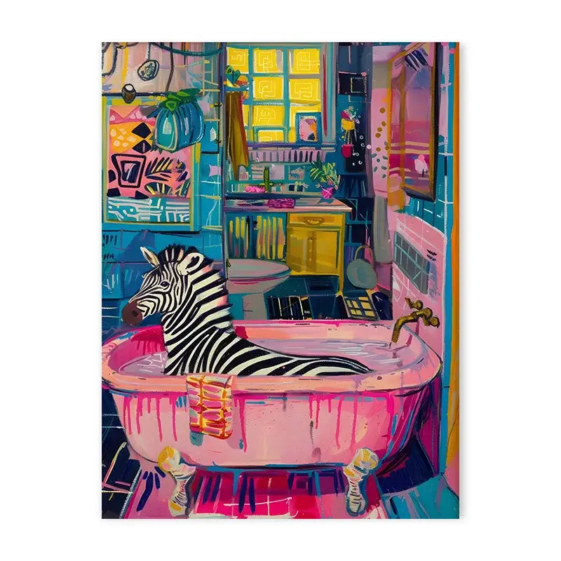 A vibrant animal canvas painting featuring a zebra lounging in a pink clawfoot bathtub for bathroom wall art