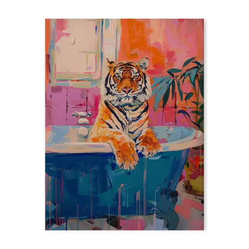 Decorbites™ animal canvas painting featuring a vibrant tiger in a blue bathtub for bathroom wall art decor