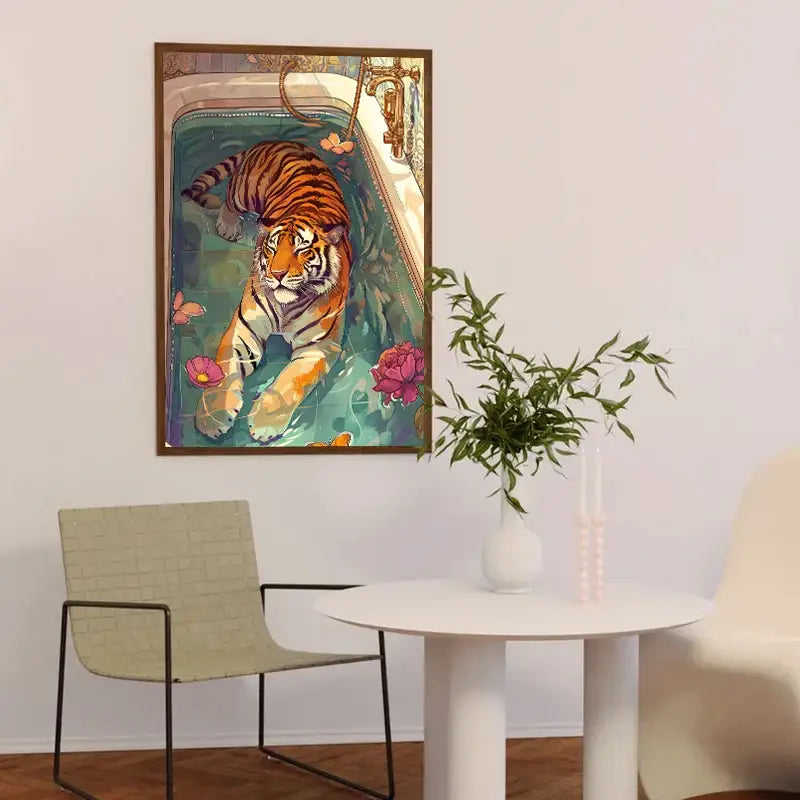 DecorBites™ canvas painting of a colorful bathtub animal tiger in orange and black stripes with pink lotus flowers