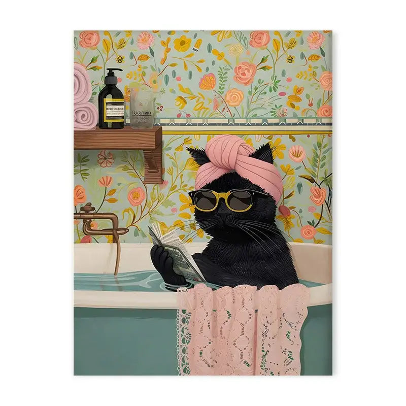 Decorbites™ animal-themed nordic canvas painting of a black cat with pink turban in a bathtub for living room decor
