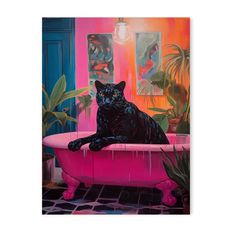 A nordic canvas painting by decorbites featuring a black panther in a pink bathtub for bathroom or living room decor
