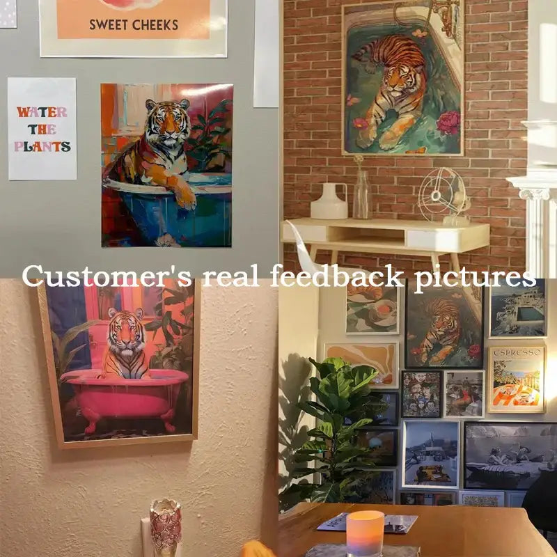 Framed decorbites™ nordic canvas painting of a majestic orange tiger in a pink tub for bathroom or living room decor