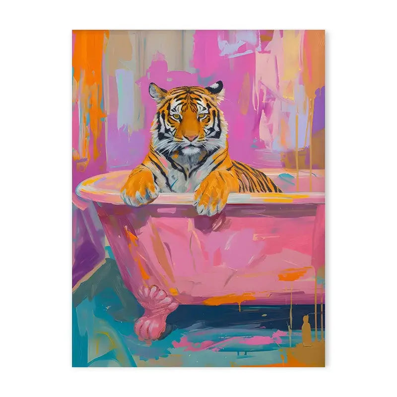 A nordic canvas painting featuring a vibrant tiger in a pink bathtub for living room or bathroom decor