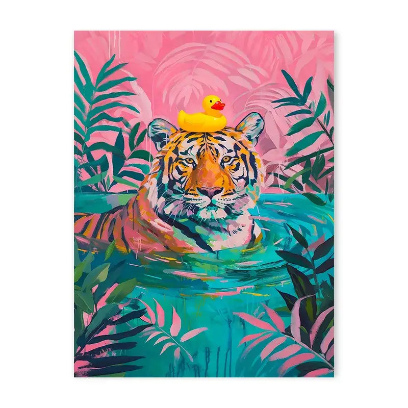 DecorBites™ animal-themed nordic canvas painting of a vibrant tiger swimming with lush green foliage for living room decor