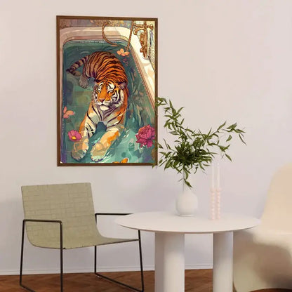 DecorBites™ animal canvas wall art featuring a vibrant orange and black tiger in a teal bathtub with pink lotus flowers