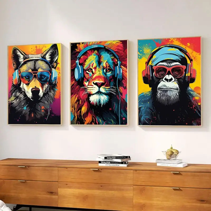 DecorBites™ animal headphones gaming posters feature vibrant stylized animal portraits as framed wall art prints