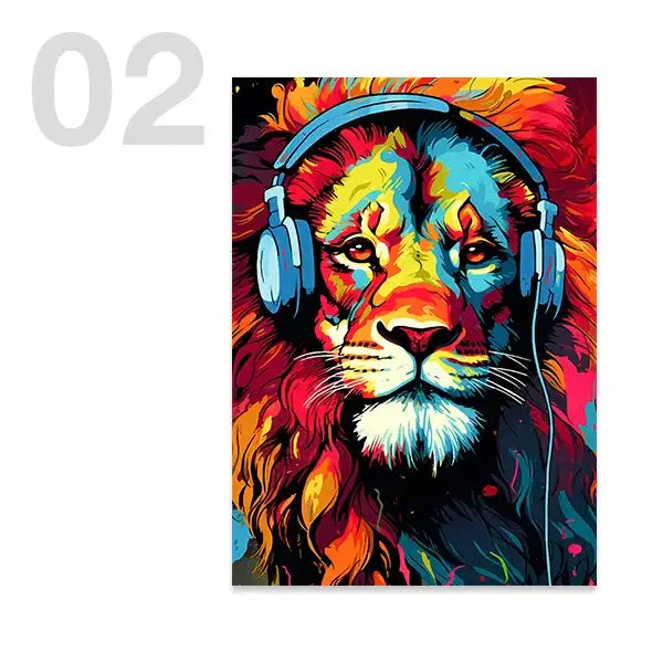 Vibrant pop-art wall art of a lion with colorful mane wearing blue headphones for gaming posters by DecorBites™