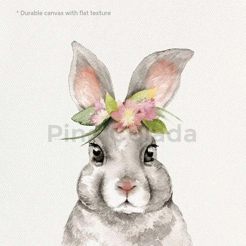 Watercolor gray bunny with floral crown on durable canvas gaming poster wall art from decorbites animal headphones series