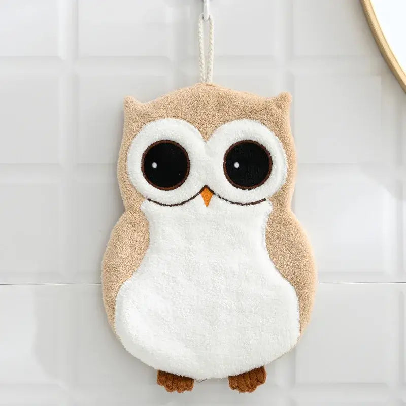 Cute beige and white plush owl hand towel with embroidered eyes and orange beak for bathroom decor and decorbites elephant hippo microfiber use