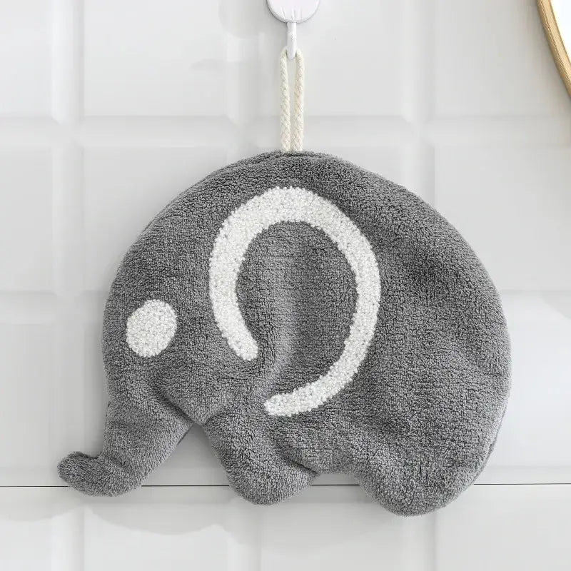 Gray plush elephant hippo microfiber hand towel with white embroidered details for bathroom decorbites decor