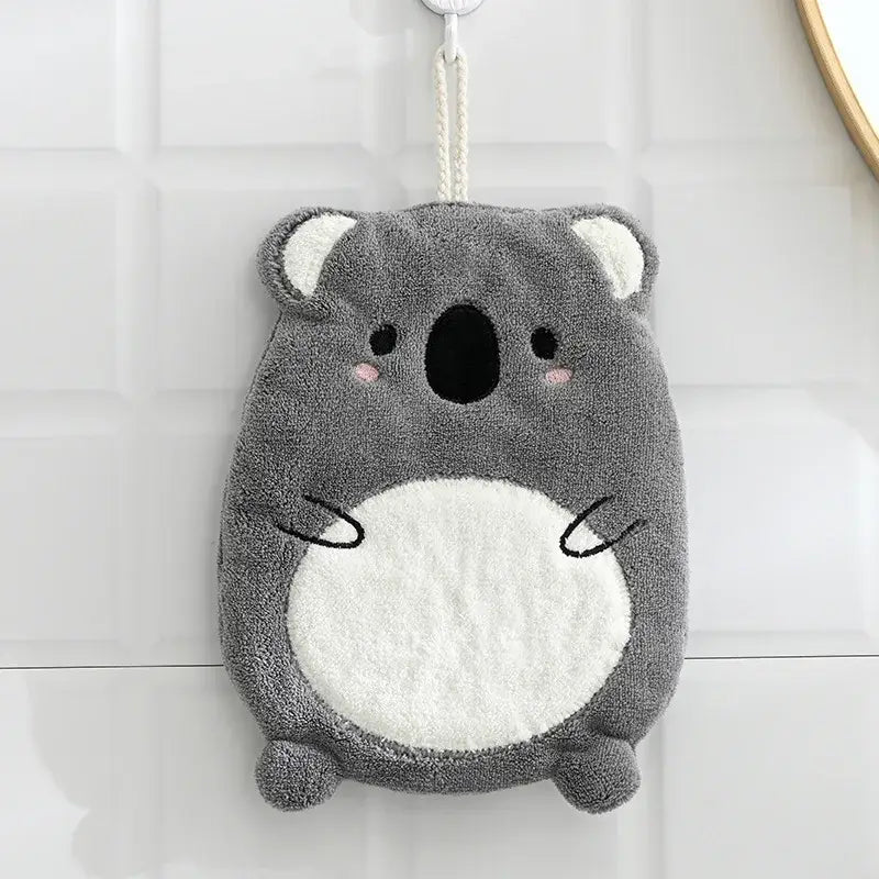 Gray koala-shaped animal microfiber hand towel with white accents for children’s bathroom decorbites elephant hippo style