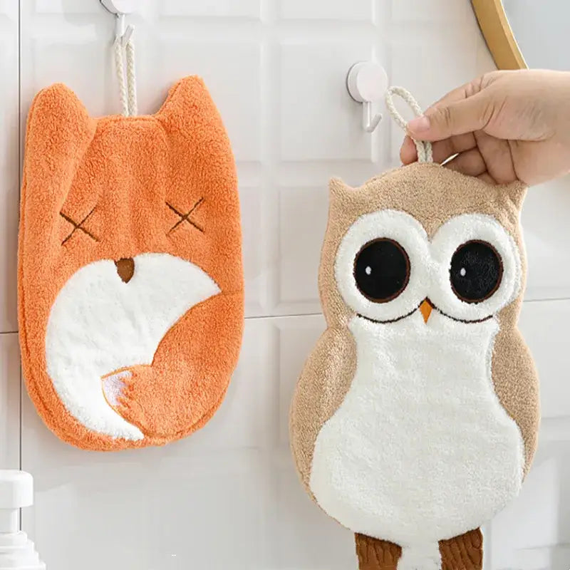 Orange and white plush fox-shaped hand towel made of microfiber featuring embroidered eyes for bathroom decorbites elephant hippo decor