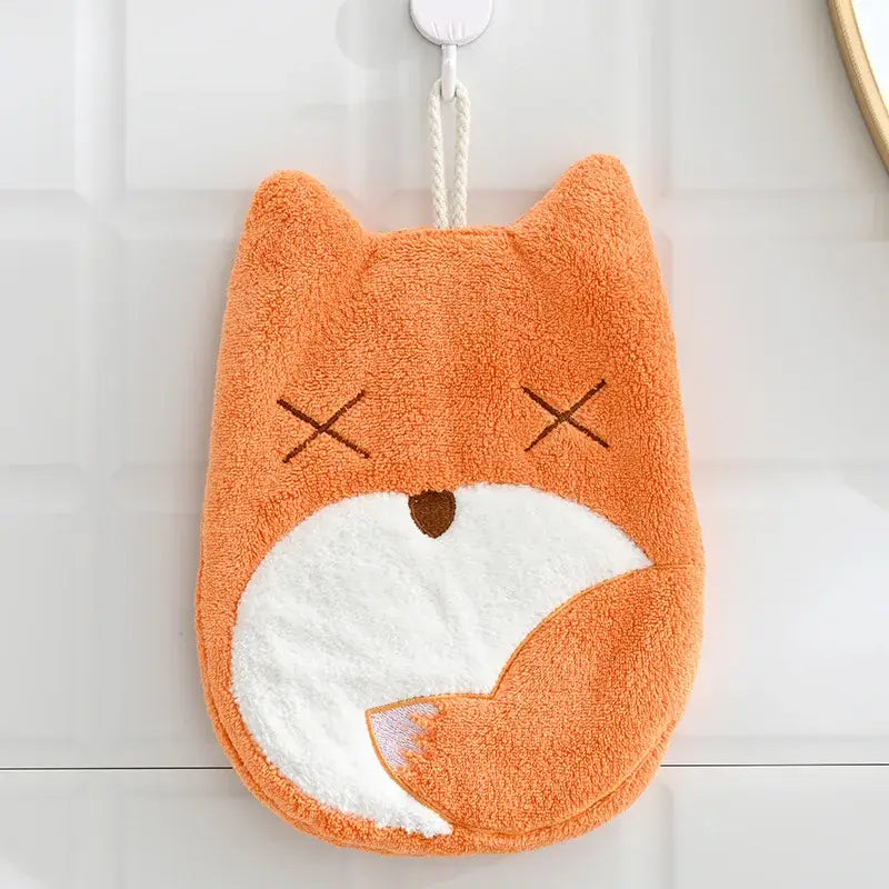 Orange plush fox-shaped microfiber hand towel with white belly and embroidered eyes for bathroom decorbites elephant hippo decor