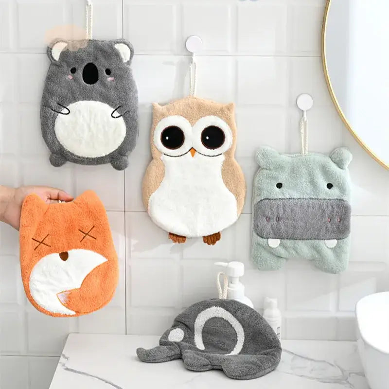 Soft plush animal microfiber children’s hand towels shaped like koala owl hippo and fox for bathroom decorbites elephant hippo decor