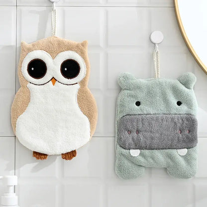 Animal microfiber children’s hand towel in beige white shaped like plush owl with embroidered eyes and orange beak decorbites elephant hippo