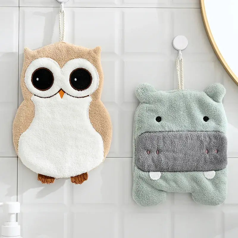 Animal microfiber children’s hand towel in beige white shaped like plush owl with embroidered eyes and orange beak decorbites elephant hippo