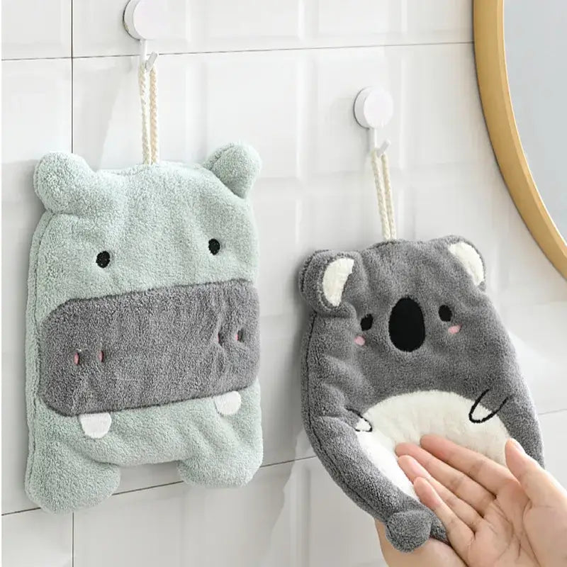 Soft plush hippo and koala hand towel made of microfiber in light green and dark gray for bathroom plush decorbites elephant hippo