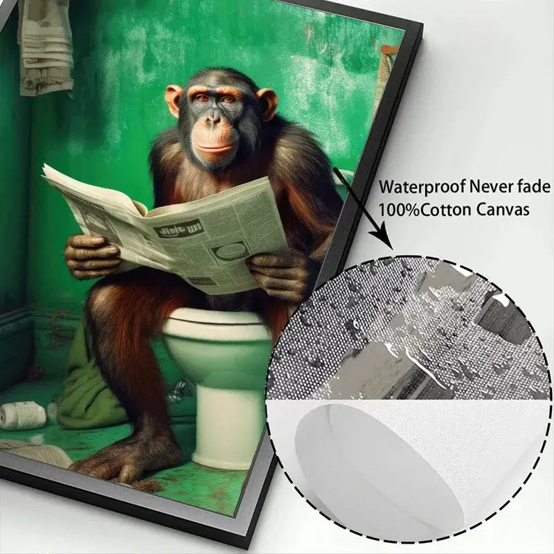 Black-framed animal posters set featuring a chimpanzee reading a newspaper in a green bathroom on 100 percent cotton canvas for home decor