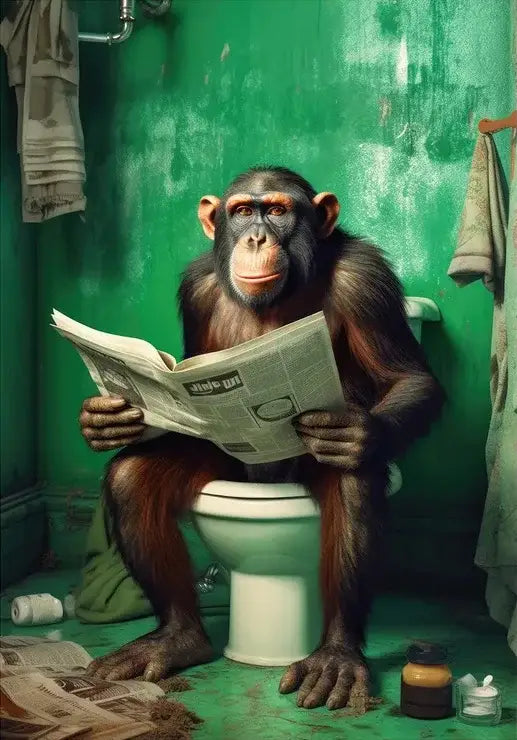 A chimpanzee with dark fur and reddish face on a white toilet holding a newspaper in DecorBites™ animal posters set for home decor