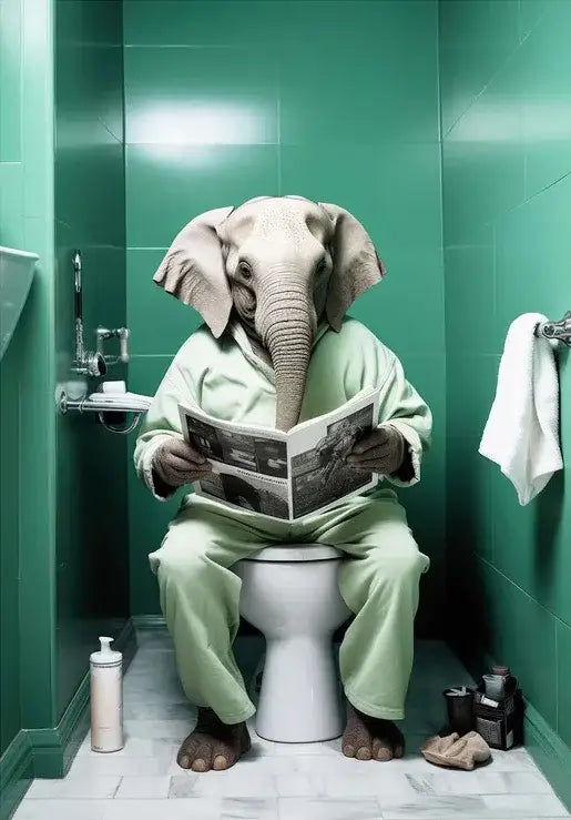 An elephant in light green pajamas sitting on a white toilet reading a newspaper in DecorBites™ animal posters set for home decor