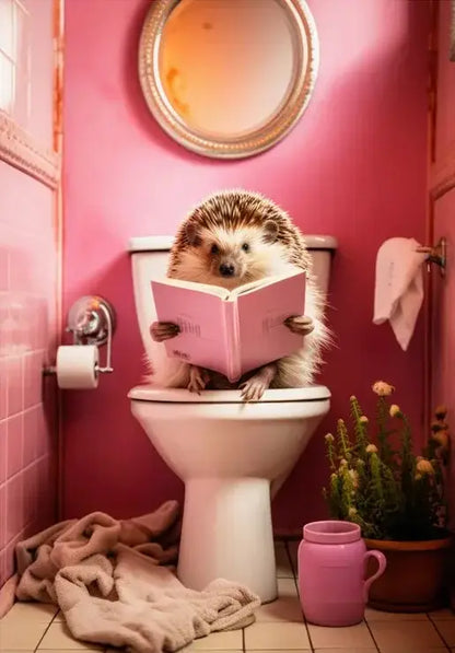 A fluffy brown and white hedgehog reading a pink book on a toilet in a pink bathroom animal posters set for home decor