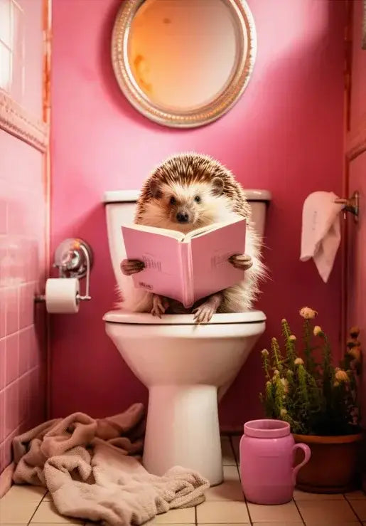 A fluffy brown and white hedgehog reading a pink book on a toilet in a pink bathroom animal posters set for home decor