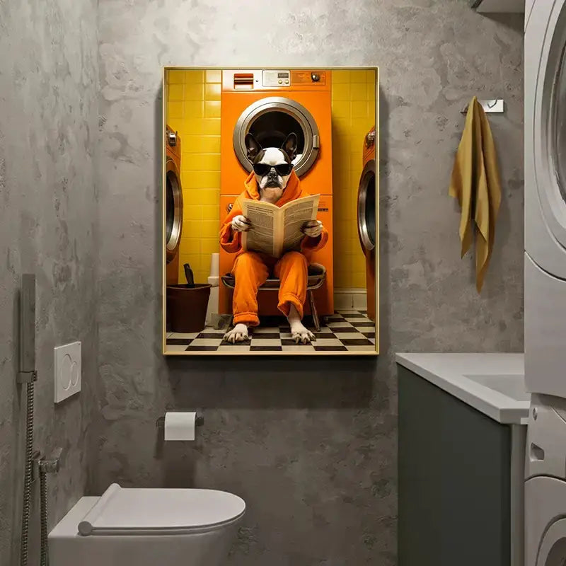 A framed DecorBites™ animal poster of a french bulldog in orange pajamas and sunglasses in an orange washing machine