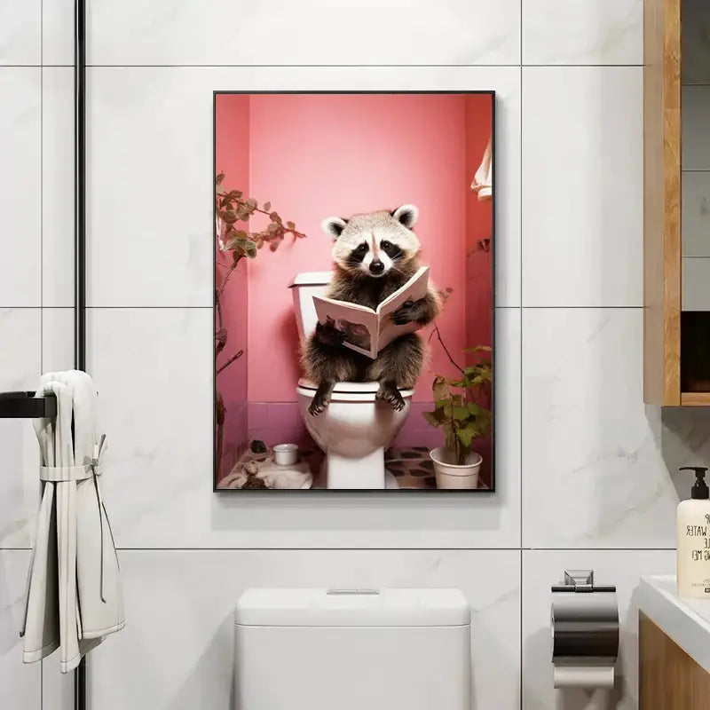 Framed canvas print from decorbites animal posters set showing a raccoon on a toilet reading against a pink backdrop for home decor