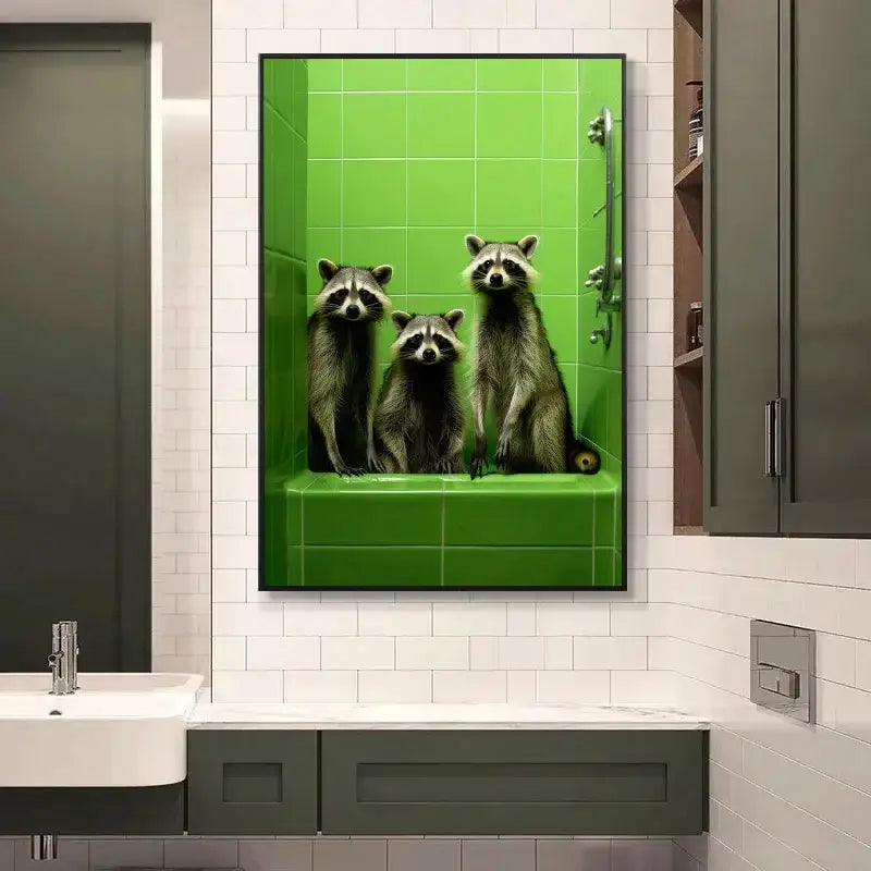 A framed canvas print of three raccoons in a bright green tiled bathtub from decorbites animal posters set for home decor