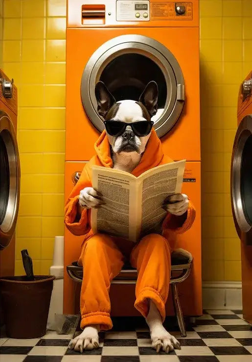 A french bulldog in an orange hooded robe and black sunglasses reading a newspaper animal posters set for home decor