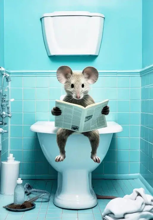 A gray mouse with large ears sits on a white toilet holding a newspaper in the DecorBites™ animal posters set for home decor